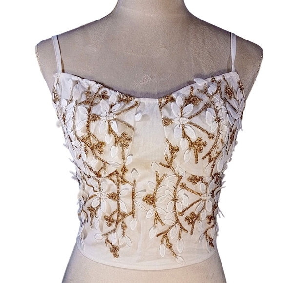 Source Unknown Tops - Corset Bustier Top Gold & White Floral Applique Zip Back, Adjustable Straps